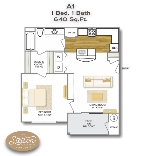 1 bed 1 bath apartment floor plan at The Stetson