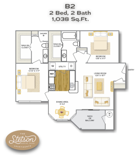 the floor plan for a two bedroom apartment at The Stetson