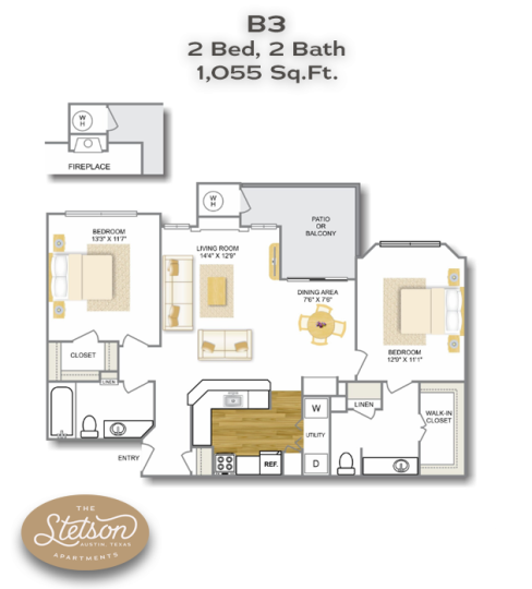 the floor plan for a two bedroom apartment at The Stetson