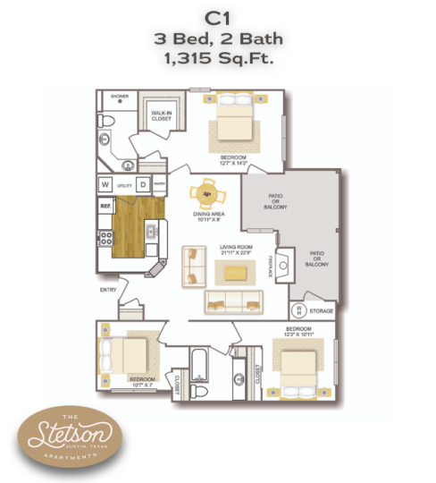 the floor plan for the c1 bedroom and bath at The Stetson