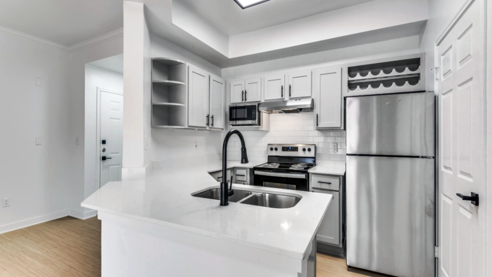 a white kitchen with stainless steel appliances and a sink at The Stetson