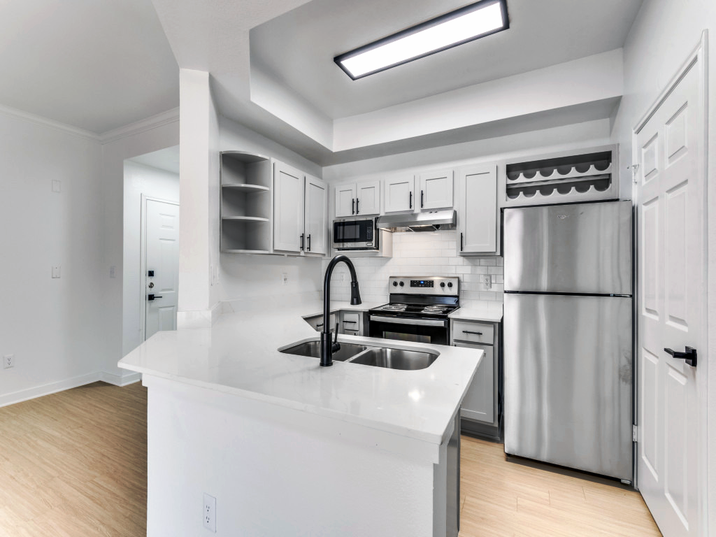 a white kitchen with stainless steel appliances and a sink at The Stetson