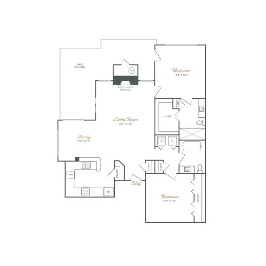 floor plan for a two bedroom apartment at The Stetson